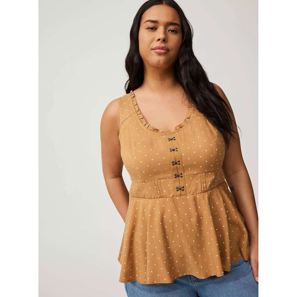 Torrid Babydoll Challis Corset Brown Polka Dot Hook Eye Ruffle Smocked Peplum